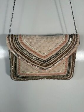 AMERICA & BEYOND Beaded Embellished Envelope Clutch Strap Option Coquette Dressy